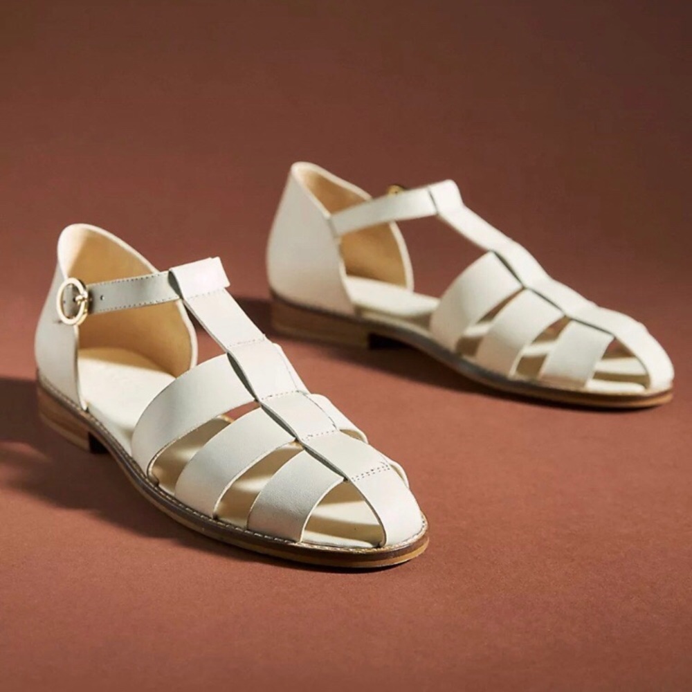 $140 Anthropologie Pilcro Maris Cream Leather T-Strap Fisherman Sandals Sz 10/41